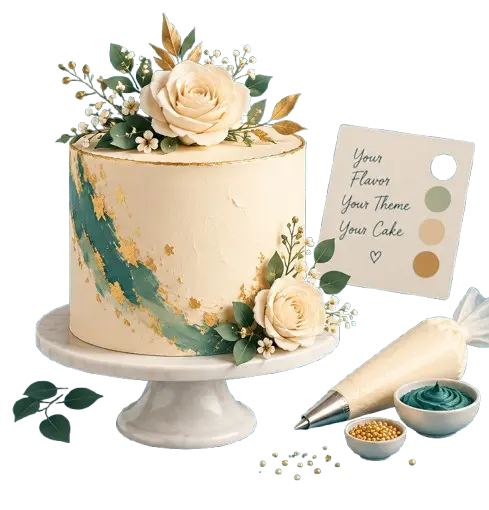 Cream celebration cake with roses and gold leaf, next to a flavour and theme card